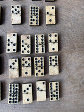 Load image into Gallery viewer, A Great Rare Complete Set of 55 Double Nine Antique Ebony &amp; Bone Dominoes with Original  Brass Pins and Dovetailed Wooden Box
