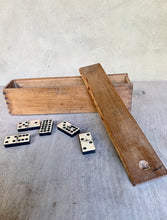 Load image into Gallery viewer, A Great Rare Complete Set of 55 Double Nine Antique Ebony &amp; Bone Dominoes with Original  Brass Pins and Dovetailed Wooden Box
