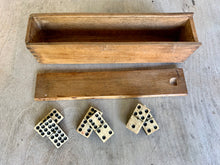 Load image into Gallery viewer, A Great Rare Complete Set of 55 Double Nine Antique Ebony &amp; Bone Dominoes with Original  Brass Pins and Dovetailed Wooden Box
