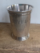 Load image into Gallery viewer, Unusual Vintage Silver Plated Mint Julep Cup Engraved Joyeux Anniversaire
