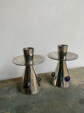 Load image into Gallery viewer, Stylish Pair of Vintage Silver Plated with Blue Cabochon Candlesticks
