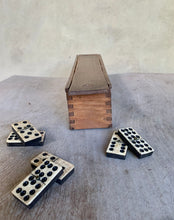 Load image into Gallery viewer, A Great Rare Complete Set of 55 Double Nine Antique Ebony &amp; Bone Dominoes with Original  Brass Pins and Dovetailed Wooden Box
