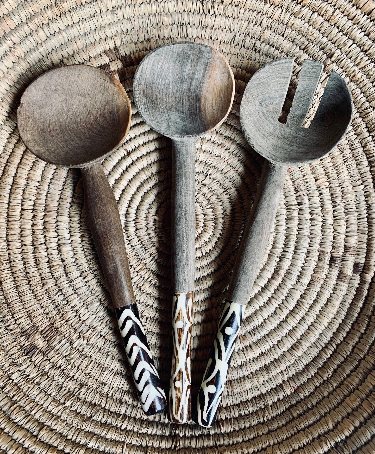 2 Stylish Vintage Hand Carved African Wooden Spoons and 1 Serving Fork