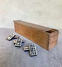 Load image into Gallery viewer, A Great Rare Complete Set of 55 Double Nine Antique Ebony &amp; Bone Dominoes with Original  Brass Pins and Dovetailed Wooden Box
