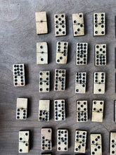 Load image into Gallery viewer, A Great Rare Complete Set of 55 Double Nine Antique Ebony &amp; Bone Dominoes with Original  Brass Pins and Dovetailed Wooden Box
