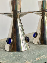 Load image into Gallery viewer, Stylish Pair of Vintage Silver Plated with Blue Cabochon Candlesticks
