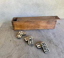 Load image into Gallery viewer, A Great Rare Complete Set of 55 Double Nine Antique Ebony &amp; Bone Dominoes with Original  Brass Pins and Dovetailed Wooden Box
