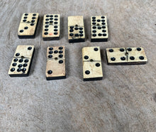 Load image into Gallery viewer, A Great Rare Complete Set of 55 Double Nine Antique Ebony &amp; Bone Dominoes with Original  Brass Pins and Dovetailed Wooden Box
