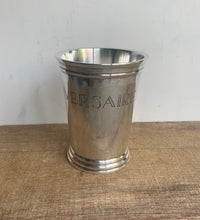 Load image into Gallery viewer, Unusual Vintage Silver Plated Mint Julep Cup Engraved Joyeux Anniversaire
