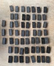 Load image into Gallery viewer, A Great Rare Complete Set of 55 Double Nine Antique Ebony &amp; Bone Dominoes with Original  Brass Pins and Dovetailed Wooden Box
