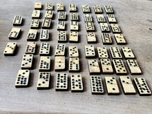 Load image into Gallery viewer, A Great Rare Complete Set of 55 Double Nine Antique Ebony &amp; Bone Dominoes with Original  Brass Pins and Dovetailed Wooden Box
