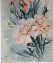 Load image into Gallery viewer, Delightful Red Framed Vintage Watercolour of Dianthus Signed by Simone
