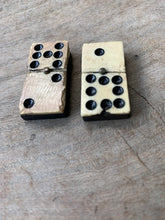 Load image into Gallery viewer, A Great Rare Complete Set of 55 Double Nine Antique Ebony &amp; Bone Dominoes with Original  Brass Pins and Dovetailed Wooden Box
