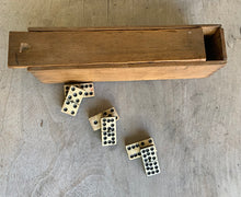 Load image into Gallery viewer, A Great Rare Complete Set of 55 Double Nine Antique Ebony &amp; Bone Dominoes with Original  Brass Pins and Dovetailed Wooden Box
