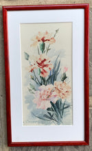 Load image into Gallery viewer, Delightful Red Framed Vintage Watercolour of Dianthus Signed by Simone
