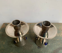 Load image into Gallery viewer, Stylish Pair of Vintage Silver Plated with Blue Cabochon Candlesticks
