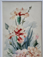 Load image into Gallery viewer, Delightful Red Framed Vintage Watercolour of Dianthus Signed by Simone
