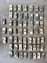 Load image into Gallery viewer, A Great Rare Complete Set of 55 Double Nine Antique Ebony &amp; Bone Dominoes with Original  Brass Pins and Dovetailed Wooden Box
